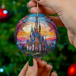Stained glass printed castle ceramic ornament round beautiful ornament gift