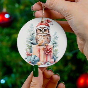 Festive owl Christmas ornament round Holiday cute owl ornament gift