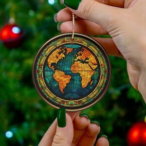 Mandala colorida enfeite de cerâmica de natal, vitral de natal, mapa mundi impresso, ornamento decorado, presente, azul-petróleo