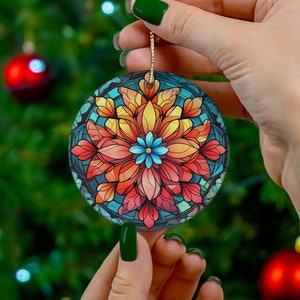 Colorful mandala Christmas ceramic ornament Xmas Stained glass printed flower decorated ornament gift