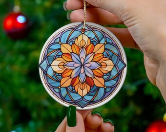 Stained glass printed Christmas ornament round holiday flower ornament gift