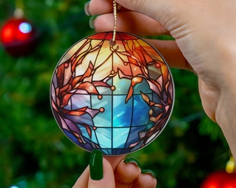 Stained glass printed Christmas ornament round holiday ornament gift