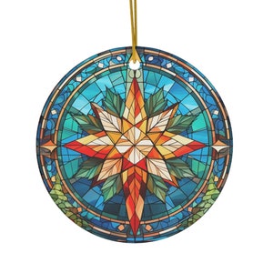 Stained glass printed Christmas star ceramic ornament round beautiful ornament gift