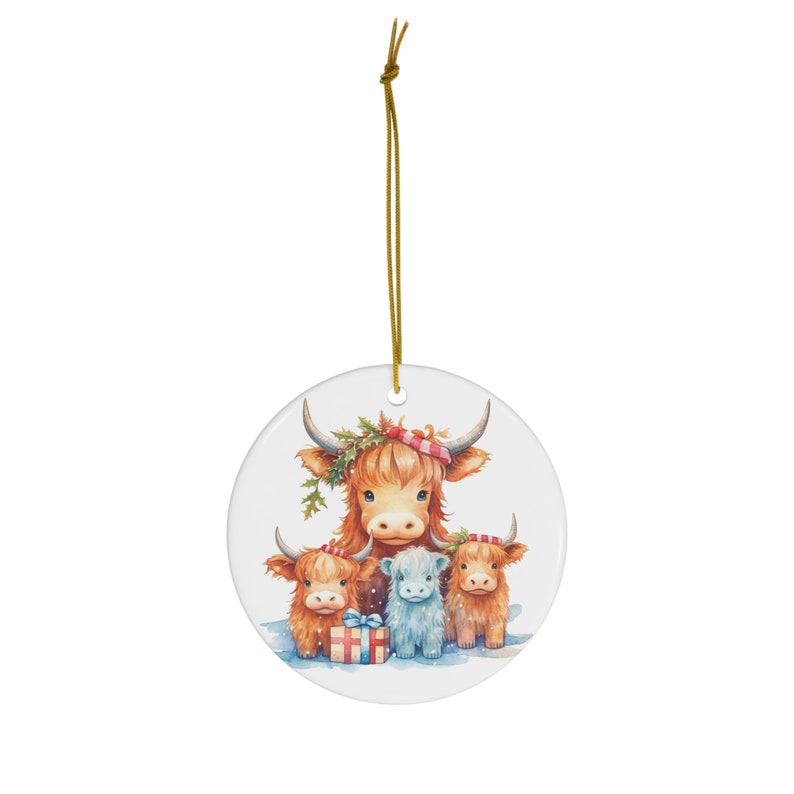 Christmas Highland Cow Ornament - Mum & Calf With Antlers & Santa Hat, Resin Festive Decoration
