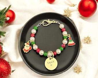 Custom Christmas Pearl Pet Collar with Tag: Beaded Dog/Cat Jewelry