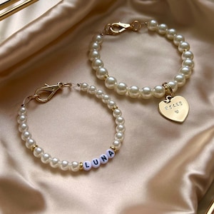 Custom Pearl Dog & Cat Collar Necklace with Gold Name Tag: Personalized Pet Jewelry Gift