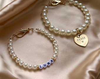 Custom Pearl Dog & Cat Collar Necklace with Gold Name Tag: Personalized Pet Jewelry Gift