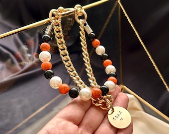 Halloween Pearl Dog Collar: Gold Chain Necklace with Personalized Tag