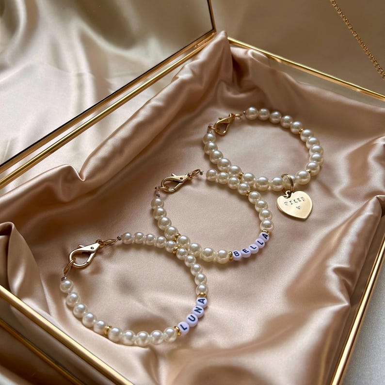 Custom Pearl Dog Collar Necklace With Gold Tag, Pearl Cat Collar With