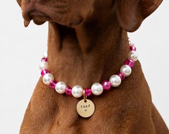 Pearl Dog Collar Necklace with Gold Tag: Colorful Handmade Pet Jewelry Gift