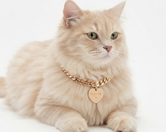 Gold Cuban Link Dog & Cat Collar Necklace with Personalized Stamped Tag Jewelry Gift