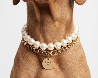 Luxury Pearl & Gold Chain Dog Collar: Custom Pet Tag, Elegant Necklace