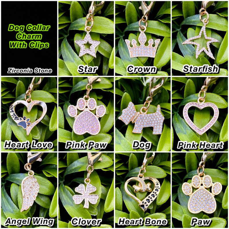 K&ouml;nnte beinhalten: Eine Sammlung von 12 goldfarbenen Hundehalsband-Anh&auml;ngern mit verschiedenen Designs, darunter ein Stern, eine Krone, ein Seestern, ein Herz, ein Pfotenabdruck, eine Hundesilhouette, ein Engelsfl&uuml;gel, ein Kleeblatt und ein Herz mit Knochen. Jeder Anh&auml;nger ist mit funkelnden klaren oder rosafarbenen Strasssteinen verziert.