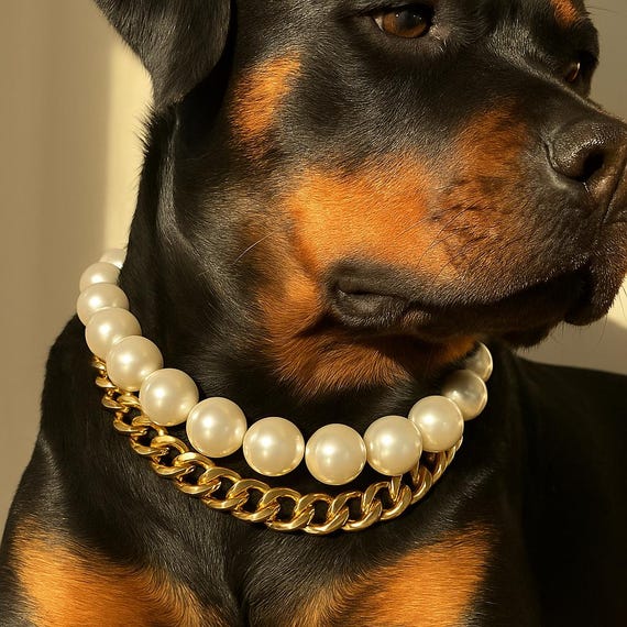 Custom Pearl & Gold Dog Collar With Name Tag: Elegant Pet Necklace