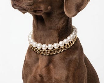 Custom Pearl Chain Dog Collar Necklace with Gold or Silver Pet Tag Jewelry Gift