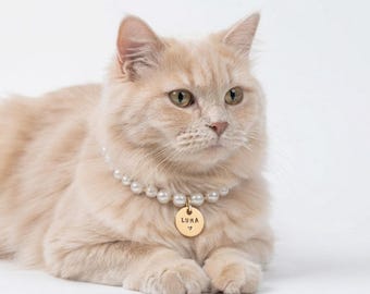 Custom Pearl Dog & Cat Collar Necklace with Gold Name Tag: Personalized Pet Jewelry Gift
