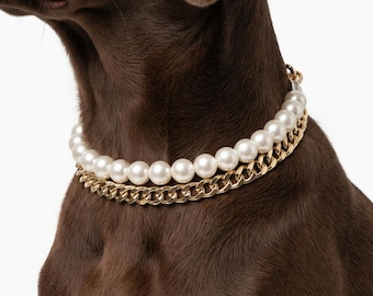 Custom Pearl & Gold Dog Collar with Name Tag: Elegant Pet Necklace