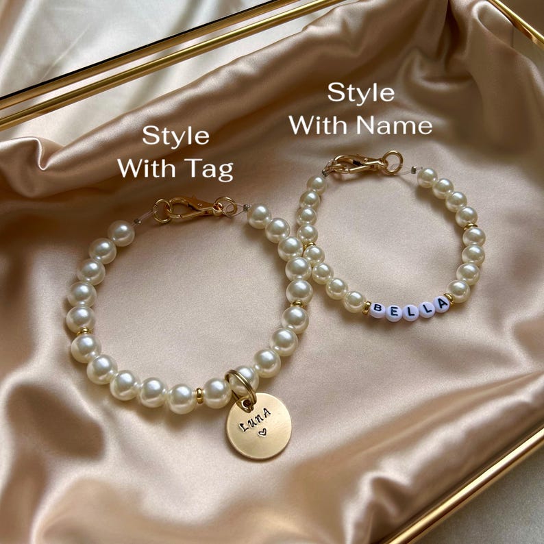 Custom Pearl Dog Collar Necklace With Gold Tag, Pearl Cat Collar With