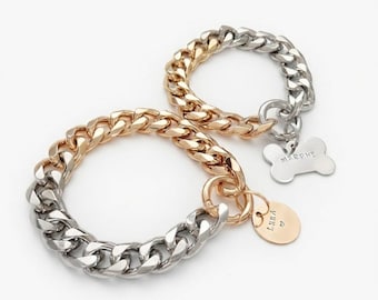 Two-Tone Dog Collar Necklace Chain: Gold & Silver Cuban Link with Pet Tag Jewelry