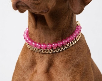 Pearl Chain Dog Necklace with Custom ID Tag: Pink & Purple Pet Jewelry Collar
