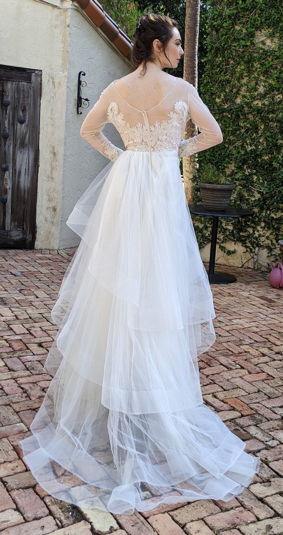 O Blanc French Designer Wedding Gown Size 10 White Long Sleeve Lace Train Tulle BR15002 Etsy