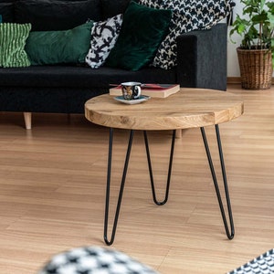 Modern Round Oak Coffee Table: Reclaimed Solid Oak Wood with Rustic Finish & Handcrafted Hairpin Legs image 1