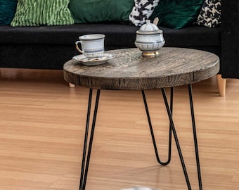 Round Oak Coffee Table: Shabby Black Reclaimed Solid Oak Wood with Rustic Finish & Handcrafted Hairpin Legs