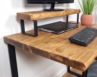 Rustikale Live-Edge-Holz-Monitorständer mit Loft-Stil-Metallbeinen, 17 cm tief | Ergonomischer Schreibtisch-Erhöher Home Office oder Gaming