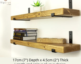 Industriële rustieke houten plank 17 cm x 4,5 cm: handgemaakte massief grenen boekenplank met op zolder geïnspireerde zwarte omgekeerde metalen beugels