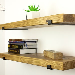 Industrial Rustic Wood Shelf 22cm x 4.5cm: Handcrafted Solid Pine Bookshelf with Loft Inspired Black Inverted Metal Brackets image 2