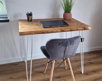 Live Edge rustic Desk with White Hairpin Legs: Solid Wood Home Office Furniture, Kitchen and Dining Table, Reclaimed Multi-Board Design