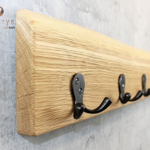 Live Edge Oak Coat Rack , Hallway Hanger, Entryway waney edge board with Industrial Iron hooks | 4 colors available