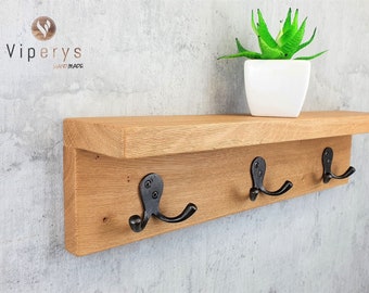 Rustic Oak Coat Rack , Hallway Hanger, Entryway Shelf with Industrial Iron hooks | 4 colors available