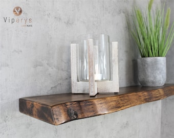 Floating wood shelf with live edge (17cm x 4.5cm) Hidden Brackets - Rustic Accent for Your Bathroom or an Elegant Wall Mounted Bookshelf