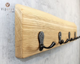 Live Edge Oak Coat Rack , Hallway Hanger, Entryway waney edge board with Industrial Iron hooks | 4 colors available