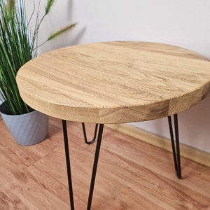 Modern Round Oak Coffee Table: Reclaimed Solid Oak Wood with Rustic Finish & Handcrafted Hairpin Legs image 10