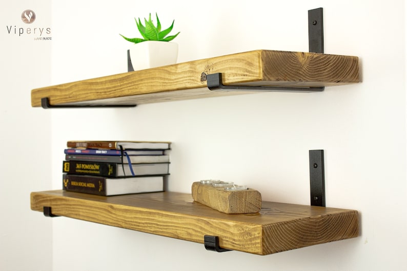 Industrial Rustic Wood Shelf 22cm x 4.5cm: Handcrafted Solid Pine Bookshelf with Loft Inspired Black Inverted Metal Brackets image 2