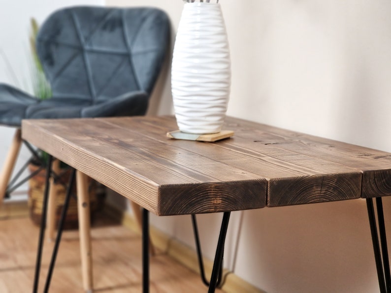 Rustic coffe table: Solid Wood farmhouse Furniture, End Table, Reclaimed Wood, Hairpin Legs & Multi-Board Design image 4