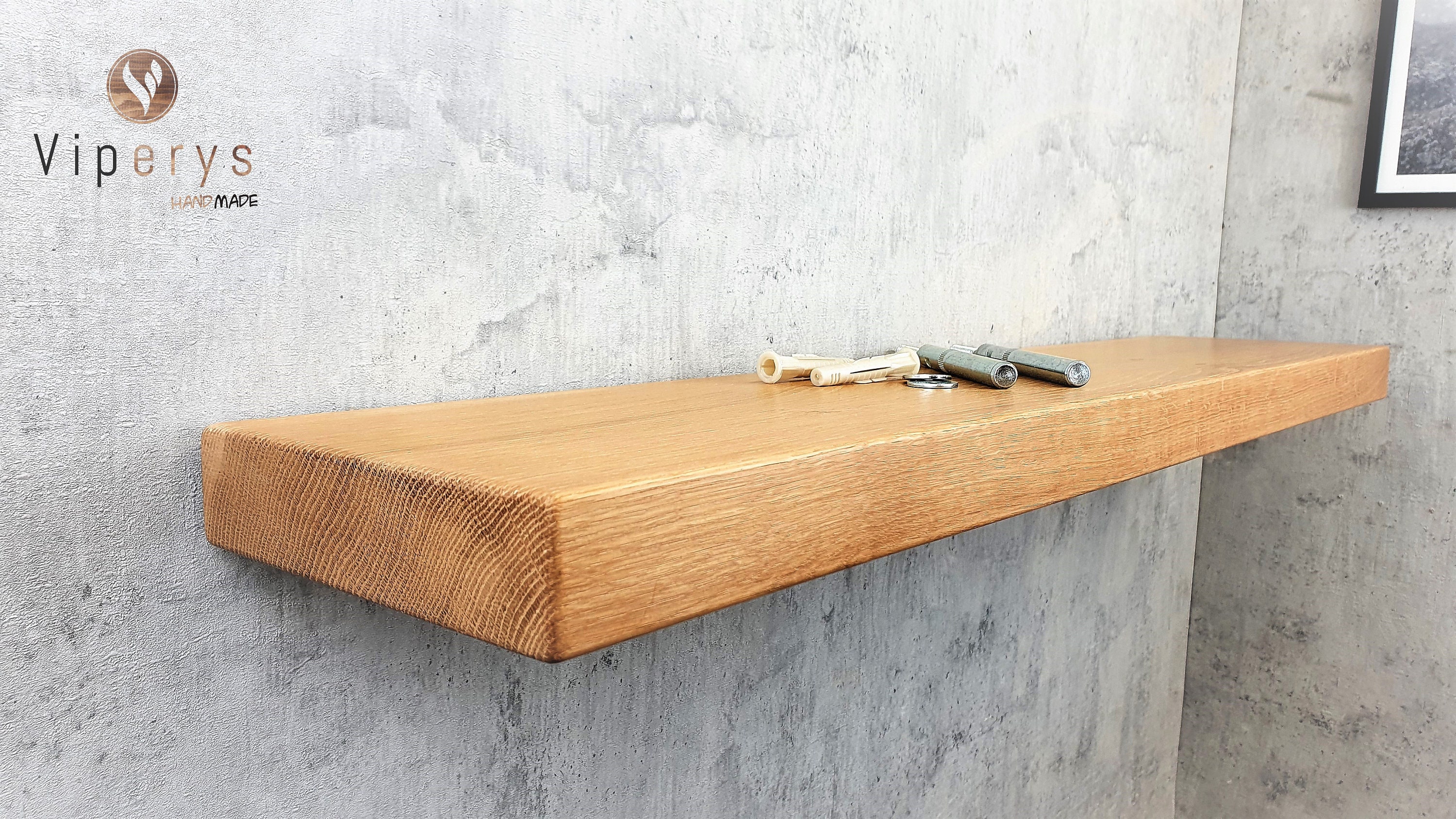 Mensola Galleggiante In Legno Di Quercia Massello - Scaffale Da Parete 60 Cm, Per Soggiorno, Camera, Cucina