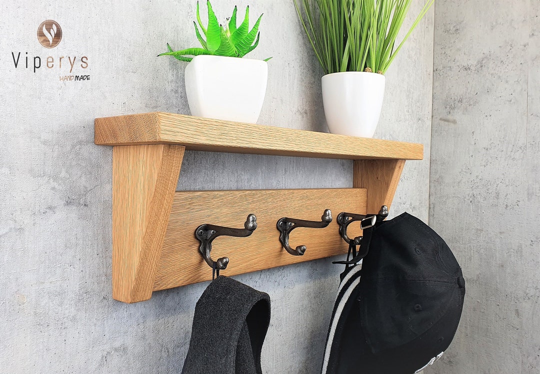 Rustic Oak Coat Rack With Shelf and Side Walls, Hallway Hanger