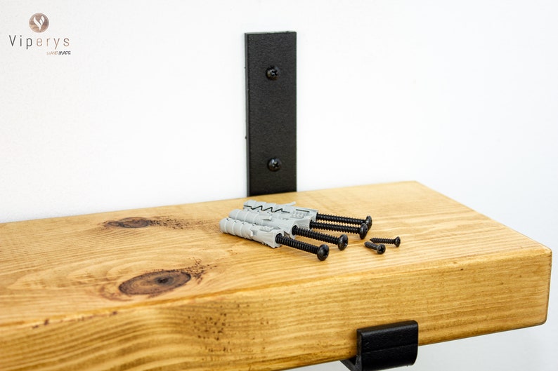 Industrial Rustic Wood Shelf 22cm x 4.5cm: Handcrafted Solid Pine Bookshelf with Loft Inspired Black Inverted Metal Brackets image 4