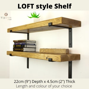 Industrielles rustikales Holzregal 22cm x 4.5cm: Handgefertigtes massives Kiefern-Bücherregal mit loft-inspirierten schwarzen Metallträgern