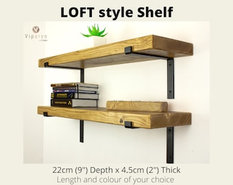 Industrial Rustic Wood Shelf 22cm x 4.5cm: Handcrafted Solid Pine Bookshelf with Loft Inspired Black downward Metal Brackets