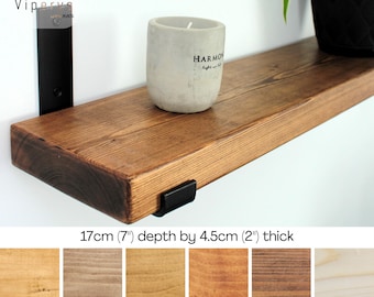 Industrial Rustic Wood Shelf 17cm x 4.5cm: Handcrafted Solid Pine Bookshelf with Loft Inspired Black Inverted Metal Brackets