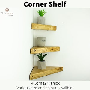 Wooden Corner Shelf for Wall | Rustic Triangle Solid Wood Rack | Natural Wax Finish | Metal Wall Mount Brackets | Viperys Design