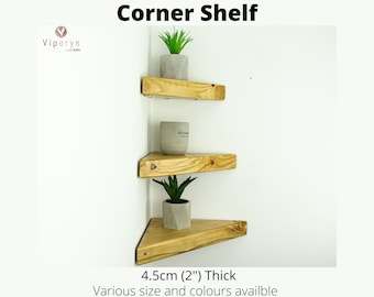 Étagère triangle murale en bois brut | Rangement d’angle rustique | Fixation métallique discrète | Fait main par Viperys