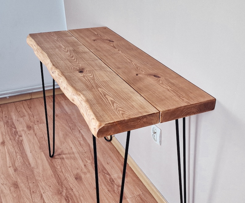 Scrivania rustica Live Edge: mobili per ufficio in legno massello, tavolo da cucina e da pranzo, legno di recupero, gambe a forcina e design multi-pannello immagine 6