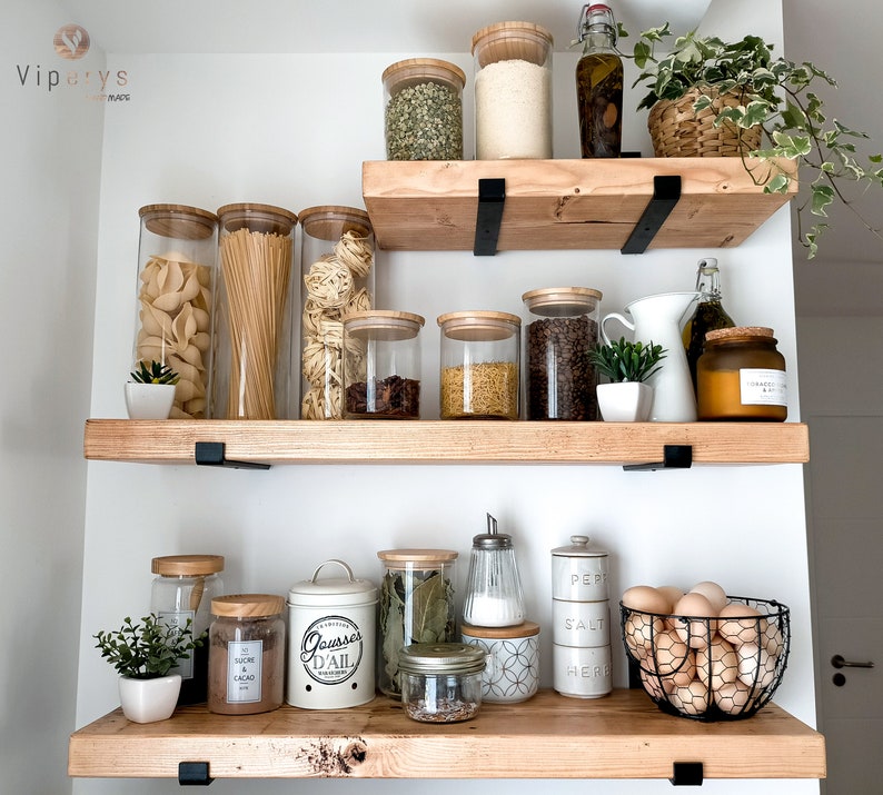 Industrial Rustic Wood Shelf 22cm x 4.5cm: Handcrafted Solid Pine Bookshelf with Loft Inspired Black Inverted Metal Brackets image 9