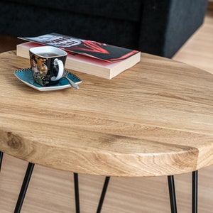 Modern Round Oak Coffee Table: Reclaimed Solid Oak Wood with Rustic Finish & Handcrafted Hairpin Legs image 3