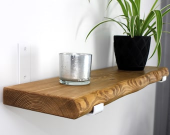 Live edge Rustic wooden shelf with brackets 22cm x 4.5cm | Wooden Shelves with White Inverted Metal Brackets | Solid Chunky rustic Bookshelf